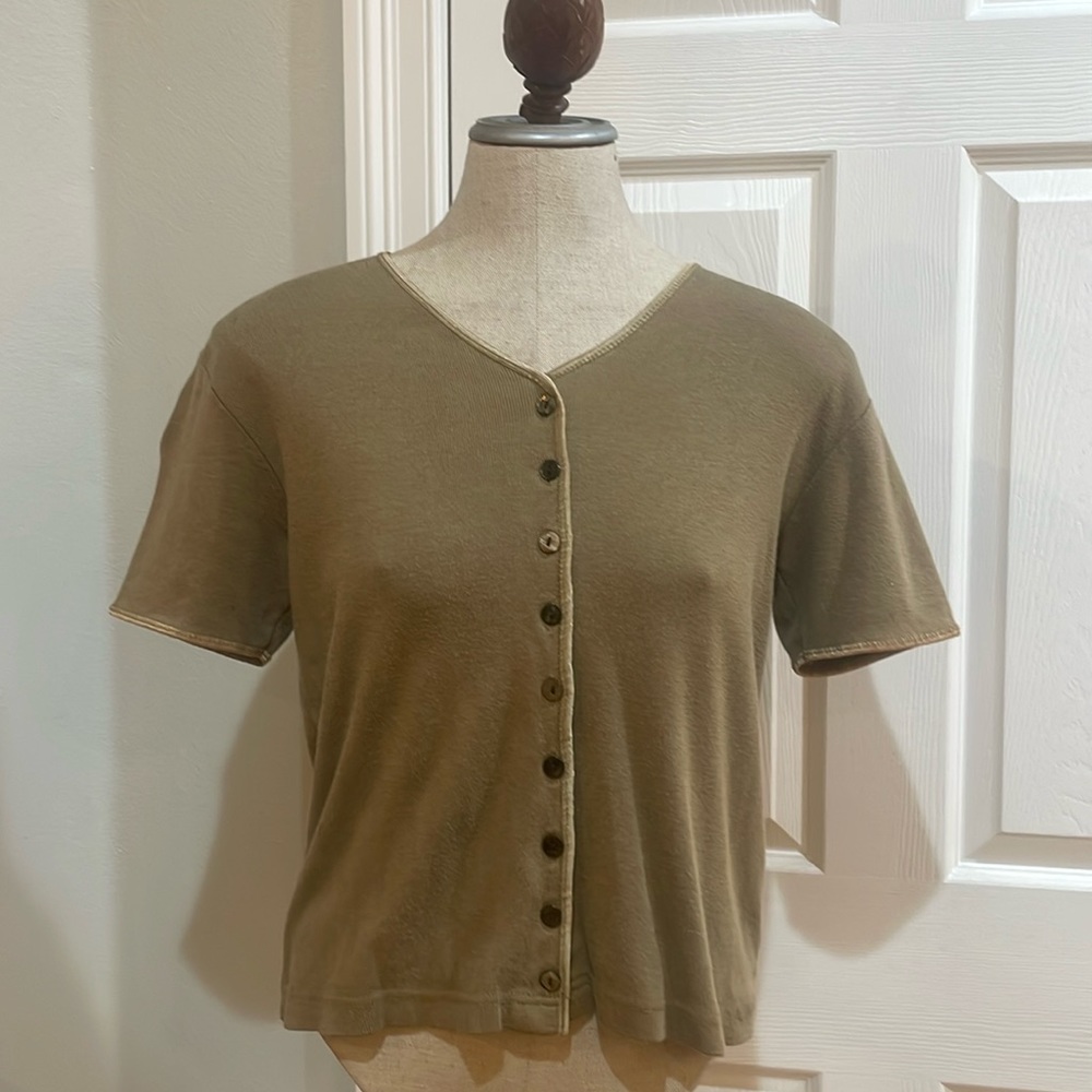 Valerie Stevens button down short sleeve top ribbed olive green women’s size PS